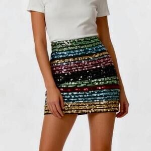 Rainbow Sequin Mini Skirt XS Multicolor Stripe Holiday Party NYE NWOT